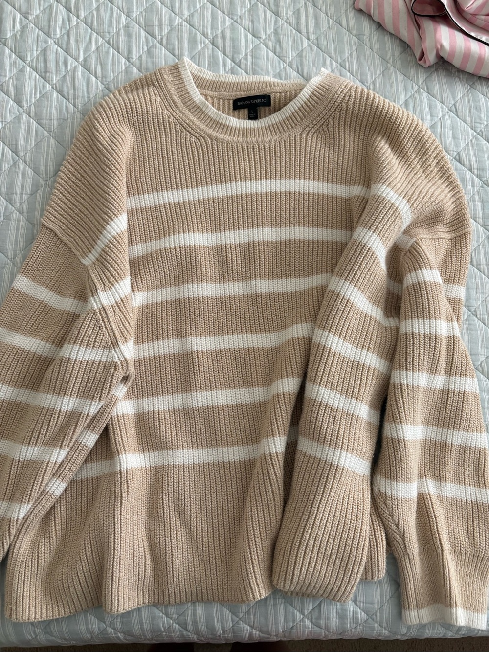 Banana Republic Beige and White Striped Crewneck Sweater
